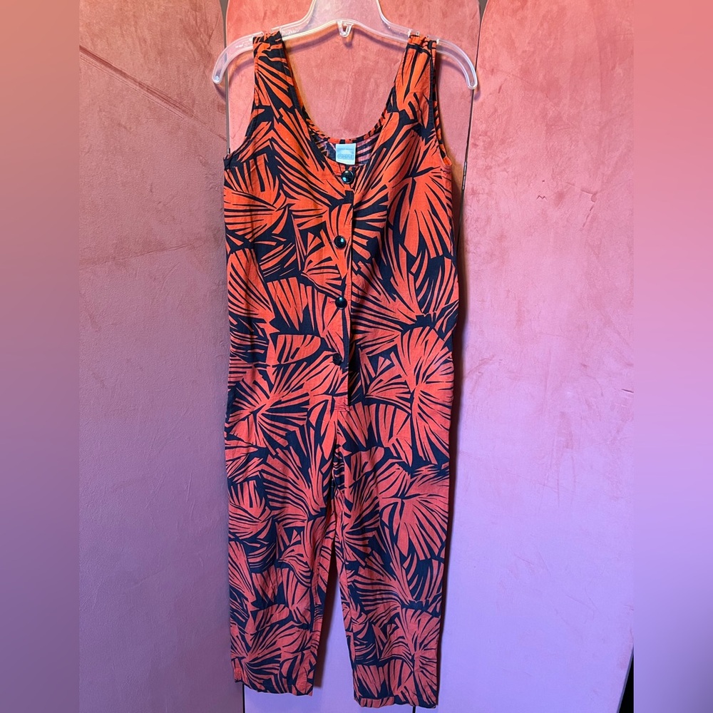 Vintage French Pile & Pull Palm-Patterned Sleeveless Jumpsuit